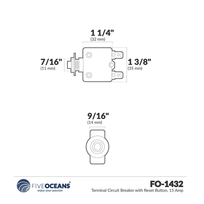 15 Amp Push-Button Reset Circuit Breaker 125-250V AC / 50V DC, 2-Pack - FO1432-M2 - Five Oceans