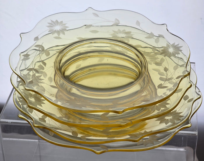 4 Lancaster Glass Co. Yellow Jubilee luncheon plates