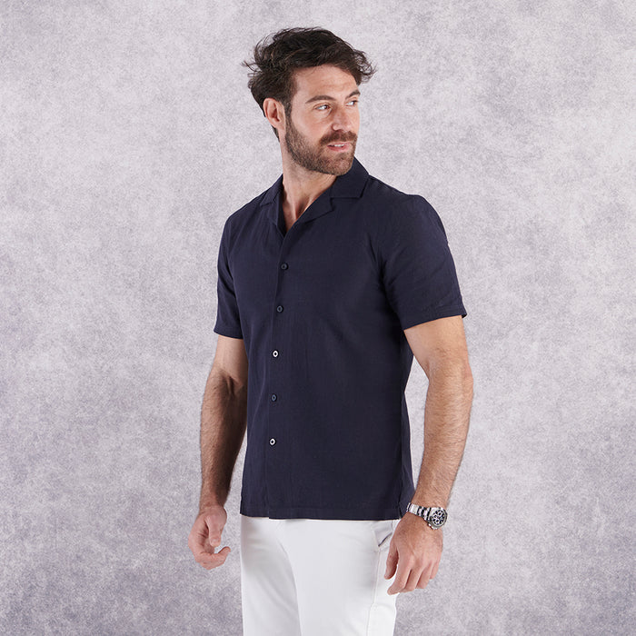Cuban Collar Linen-Rich Shirt - Ink