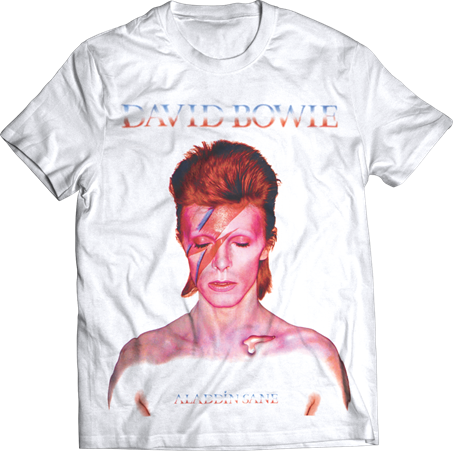 white band shirt with david bowie logo, picture of david bowie and the words "aladdin sane" on bottom