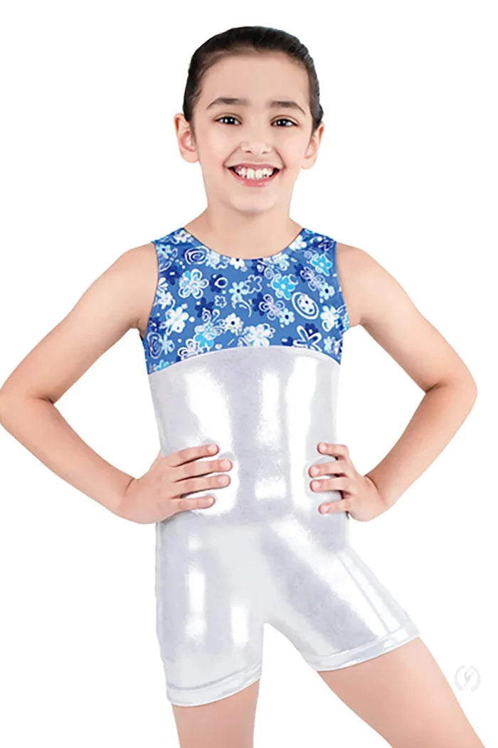 Eurotard Kids Stardust Metallic Flourish Biketard, Blue Silver 29551