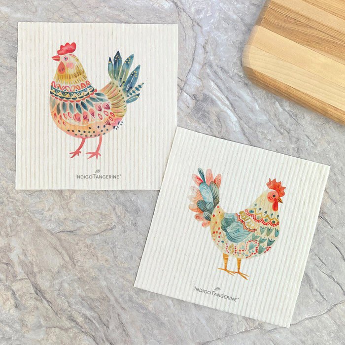 Folk-Art Chickens - 2pk Swedish Dish Cloth