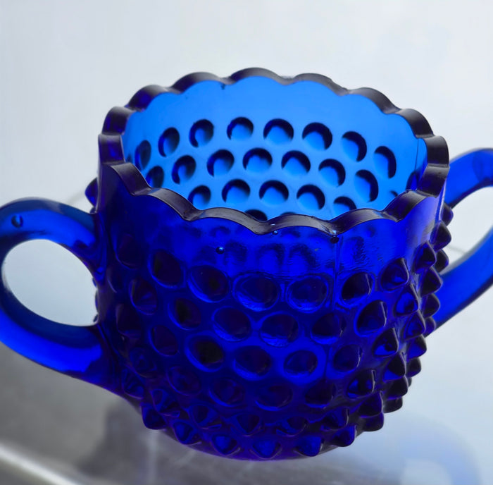 L E Smith blue hobnail Glass sugar and creamer