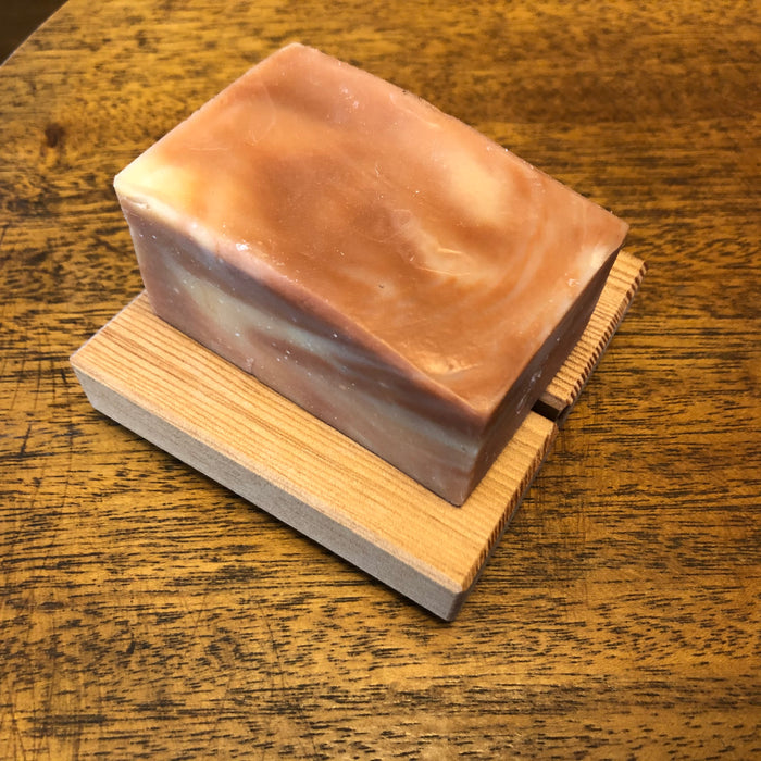 red pine soap dish 3 1/2" x 3 1/4" hand crafted in japan - with soap
