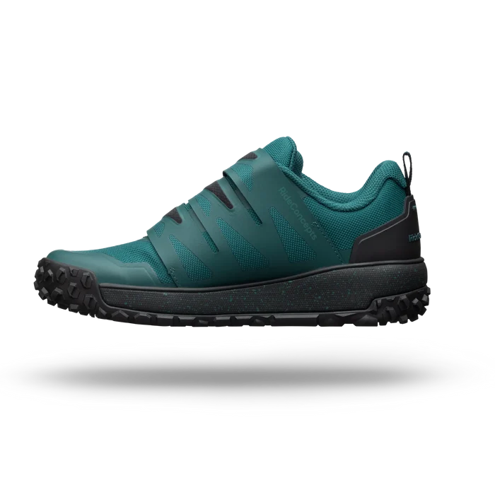 Teal hiking shoe with black sole on a white background