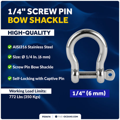 1/4" Captive Screw Pin Bow Anchor Shackle, AISI316 Stainless Steel