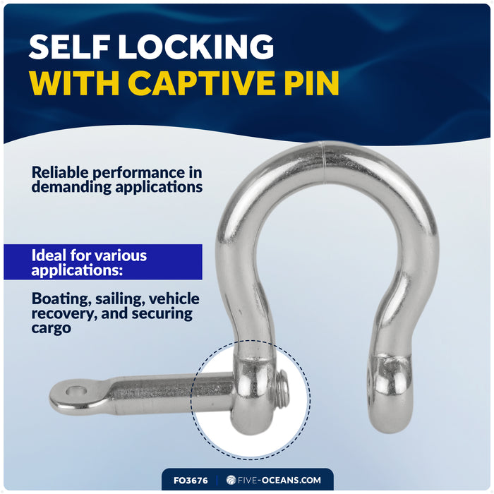 1/4" Captive Screw Pin Bow Anchor Shackle, AISI316 Stainless Steel