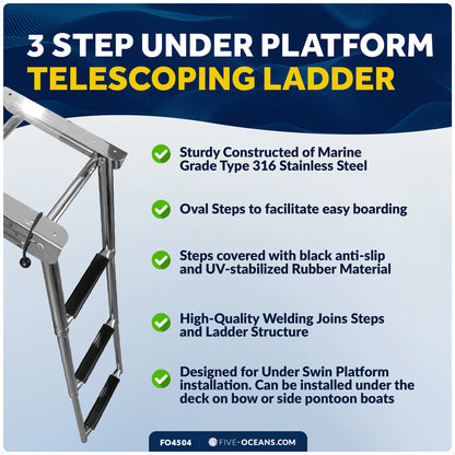 3-Step Under Platform Telescoping Swim Ladder, AISI316 Stainless Steel - FO4504 - Five Oceans
