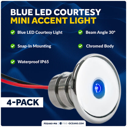 3/4" Round LED Snap-In Mount Courtesy / Mini Accent Light, Blue, 12V, 4-Pack - FO2445-M4 - Five Oceans