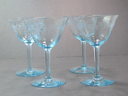 4 Hand cut glass cocktail glasses light blue