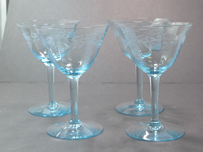 4 Hand cut glass cocktail glasses light blue