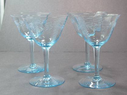 4 Hand cut glass cocktail glasses light blue