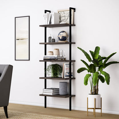 5 - Shelf Ladder Bookshelf Nutmeg Matte Black - Nathan James