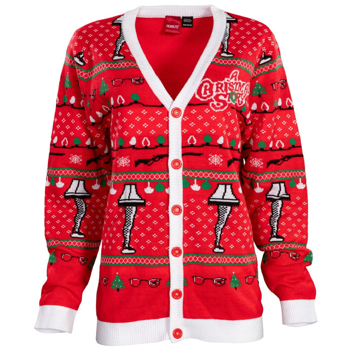 A Christmas Story Leg Lamp Button Up Cardigan Ugly Holiday Sweater - TVStoreOnline