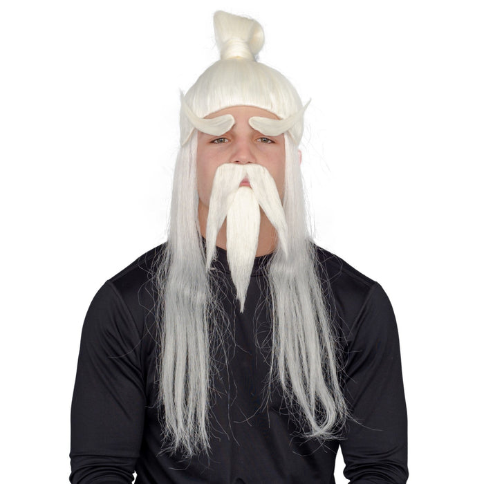 Adult Halloween Martial Arts White Fu Manchu Beard and Wig Costume Accessory - TVStoreOnline