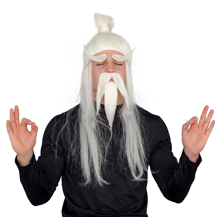 Adult Halloween Martial Arts White Fu Manchu Beard and Wig Costume Accessory - TVStoreOnline