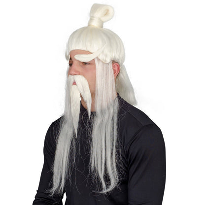 Adult Halloween Martial Arts White Fu Manchu Beard and Wig Costume Accessory - TVStoreOnline
