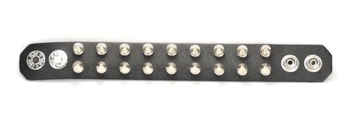 black leather bracelet with two rows of half inch silver spike studs showing snap closure
