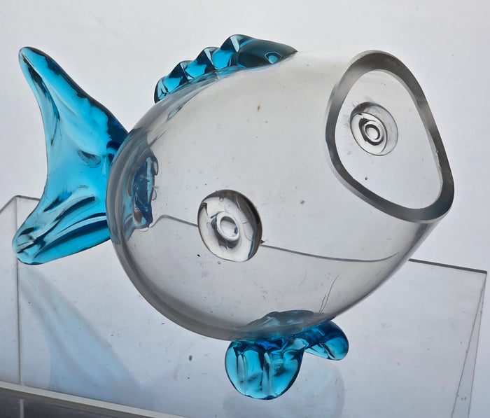 Blown blue glass fish vase