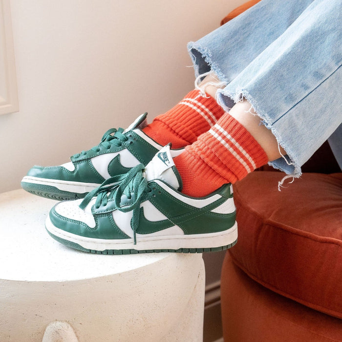 Coral Red Boyfriend Tube Socks with Green Nike Sneakers at Golden Rule Gallery in MPLS