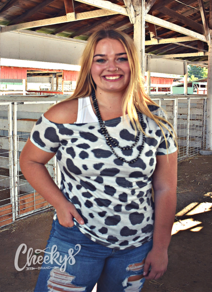 C O W print off the shoulder top