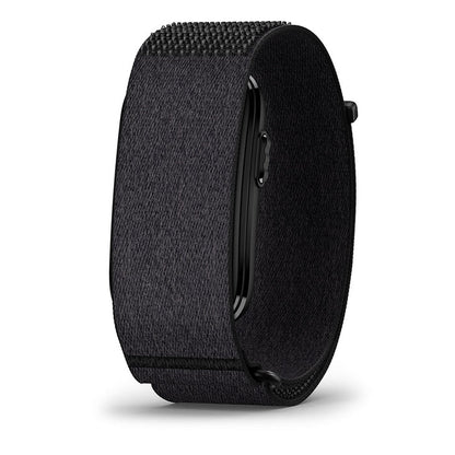 A black textured fabric smartwatch band shown from a side angle on a clean white background.