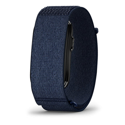 A dark navy blue fabric smartwatch band with a textured woven pattern, shown from a side profile view on a white background.