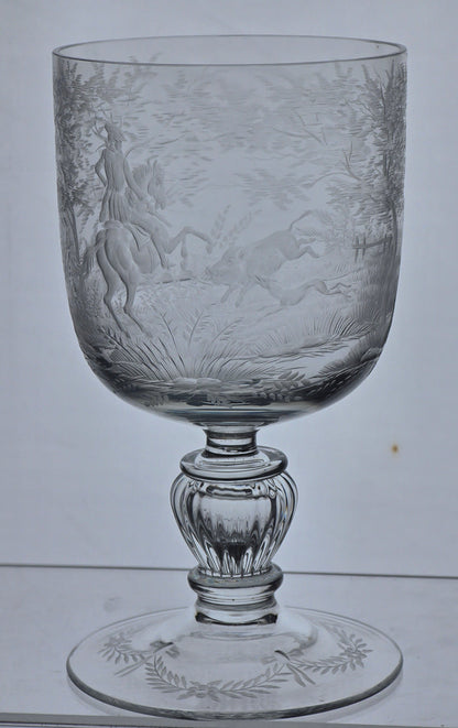 Copper wheel engraved Hunt scene glass chalice crystal