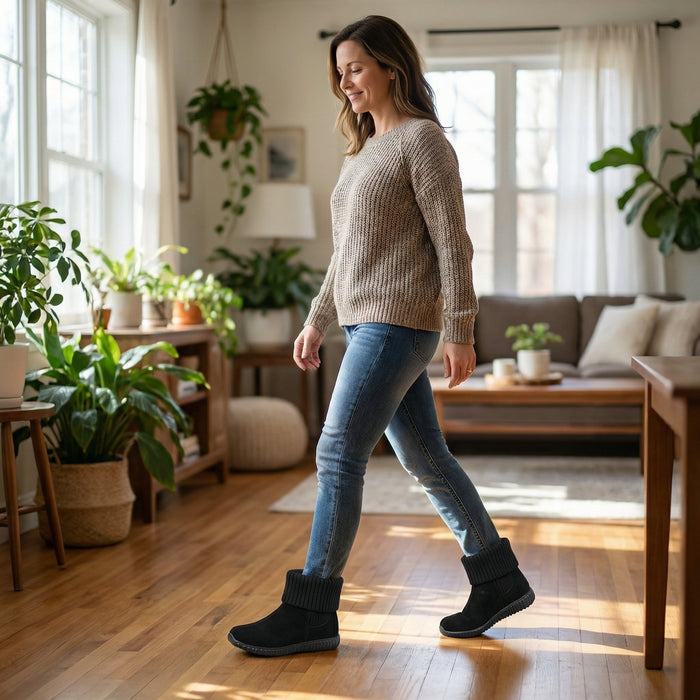 Cozella – Knit Cuff Suede Ankle Booties