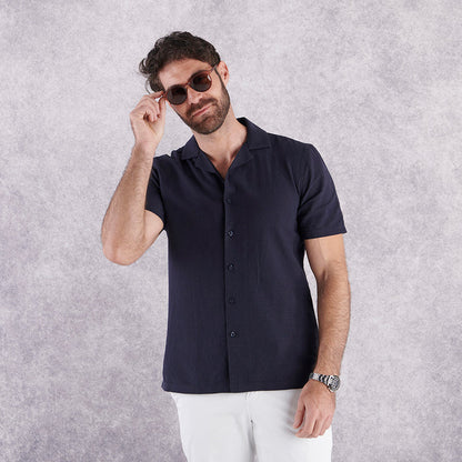 Cuban Collar Linen-Rich Shirt - Ink