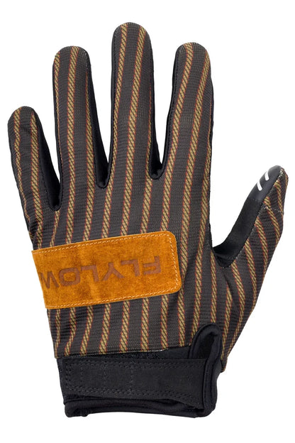 Glove with brown and black striped pattern and orange Flylow logo on a white background