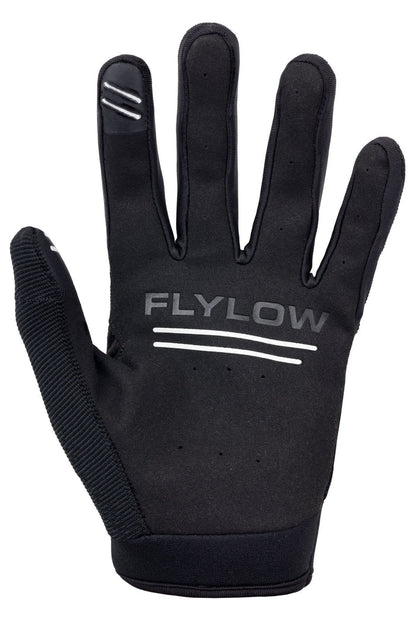 Black glove with Flylow logo on a white background