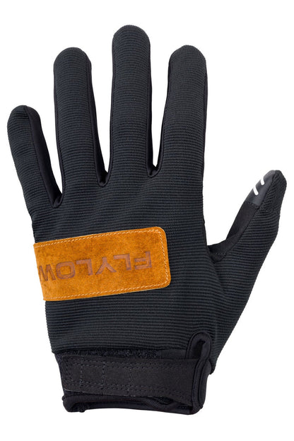 Black glove with orange Flylow logo on a white background