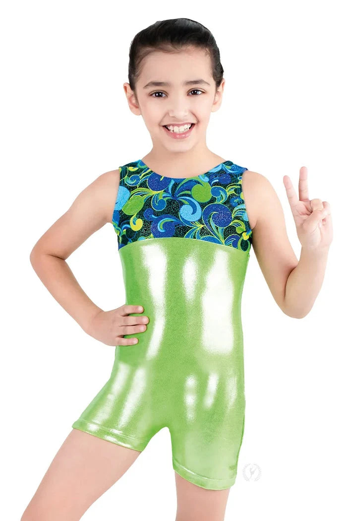 Eurotard Kids Stardust Metallic Flourish Biketard, Swirl Lime 29551