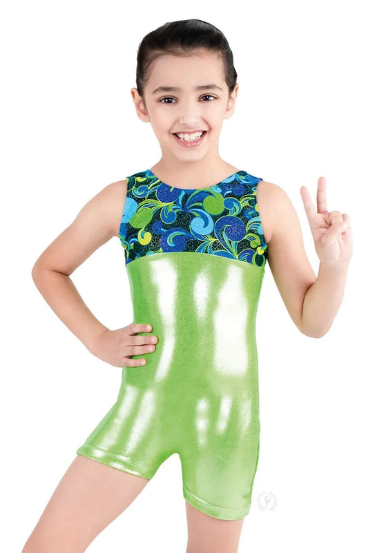 Eurotard Kids Stardust Metallic Flourish Biketard, Swirl Lime 29551