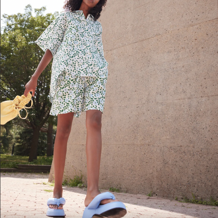 Model Styled in Blue and Green Floral Two Piece Set