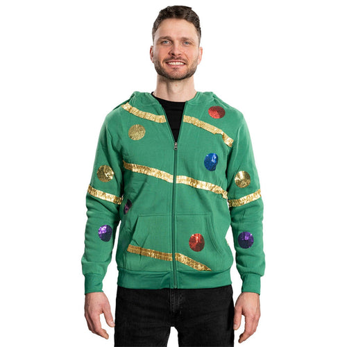 Extreme Christmas Tree Hoodie with Balls & Stars Adult Unisex Zip-Up Costume Sweatshirt - TVStoreOnline