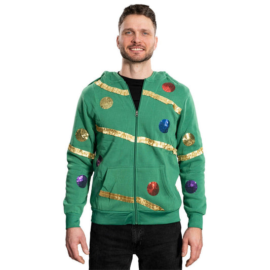 Extreme Christmas Tree Hoodie with Balls & Stars Adult Unisex Zip-Up Costume Sweatshirt - TVStoreOnline