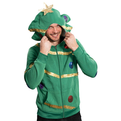 Extreme Christmas Tree Hoodie with Balls & Stars Adult Unisex Zip-Up Costume Sweatshirt - TVStoreOnline