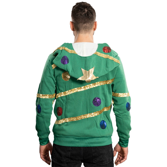 Extreme Christmas Tree Hoodie with Balls & Stars Adult Unisex Zip-Up Costume Sweatshirt - TVStoreOnline