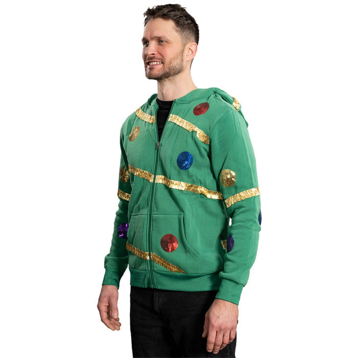Extreme Christmas Tree Hoodie with Balls & Stars Adult Unisex Zip-Up Costume Sweatshirt - TVStoreOnline