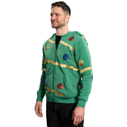 Extreme Christmas Tree Hoodie with Balls & Stars Adult Unisex Zip-Up Costume Sweatshirt - TVStoreOnline