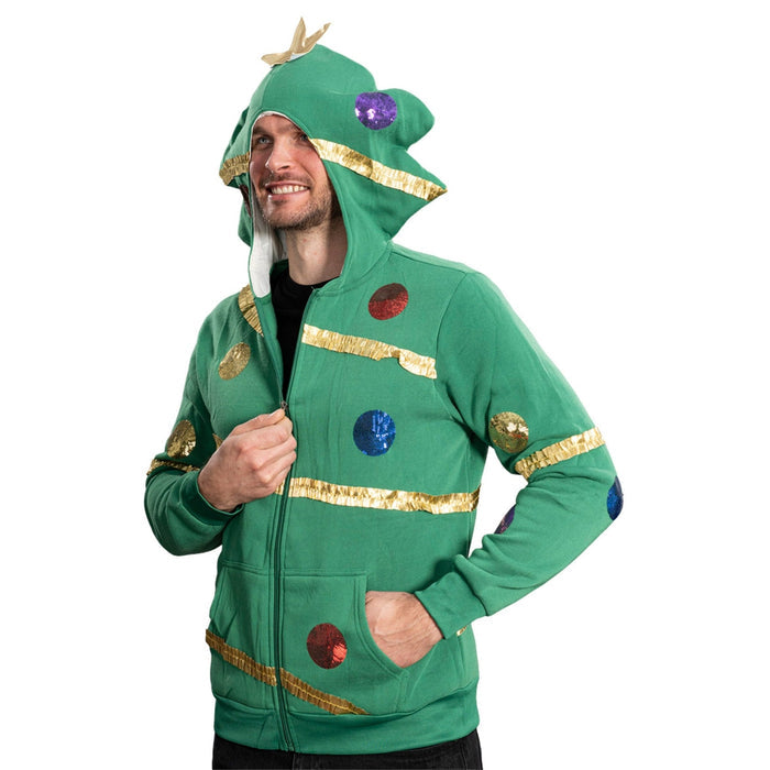 Extreme Christmas Tree Hoodie with Balls & Stars Adult Unisex Zip-Up Costume Sweatshirt - TVStoreOnline