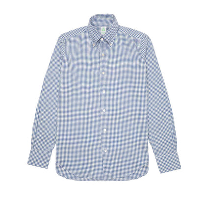 Finamore Tokyo Leonardo Gingham Button-Down Shirt in Blue. A flannel button down in a small blue and white gingham check.