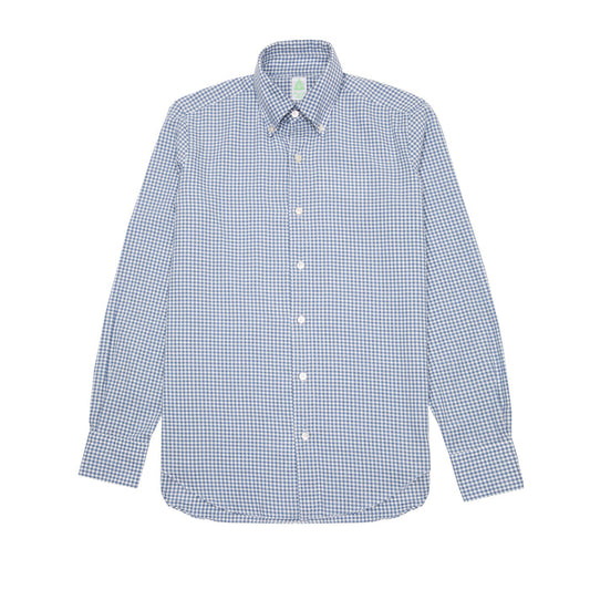 Finamore Tokyo Leonardo Gingham Button-Down Shirt in Blue. A flannel button down in a small blue and white gingham check.