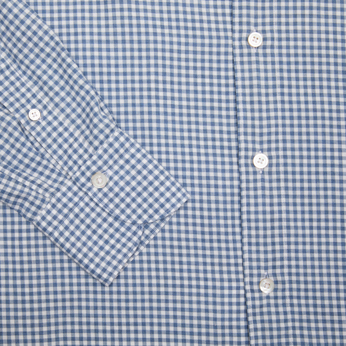Finamore Tokyo Leonardo Gingham Button-Down Shirt in Blue. A flannel button down in a small blue and white gingham check.