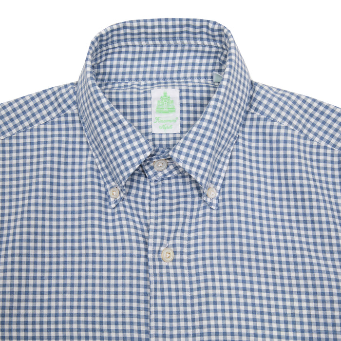 Finamore Tokyo Leonardo Gingham Button-Down Shirt in Blue. A flannel button down in a small blue and white gingham check.