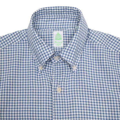Finamore Tokyo Leonardo Gingham Button-Down Shirt in Blue. A flannel button down in a small blue and white gingham check.