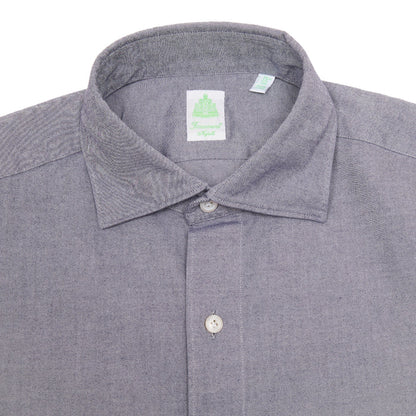 Finamore Tokyo Luigi Cotton Shirt in Indigo. A midweight flannel shirt in a blue-grey cotton. Spread collar.