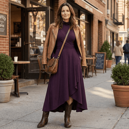 Florenne™ – Asymmetrical Draped High Neck Maxi Dress - Lark & Clover